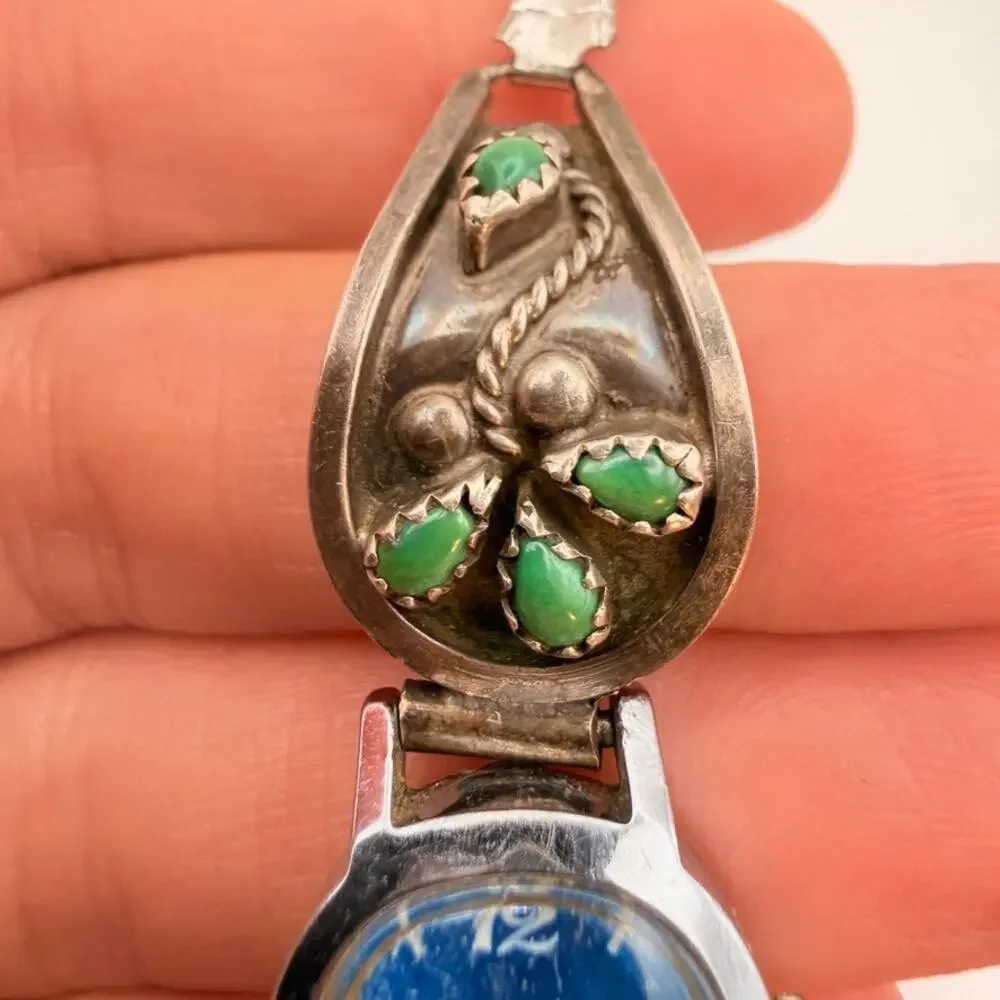 Vtg Old Pawn Sterling Silver Navajo Blue Green Turquoise Watch Band With Timex